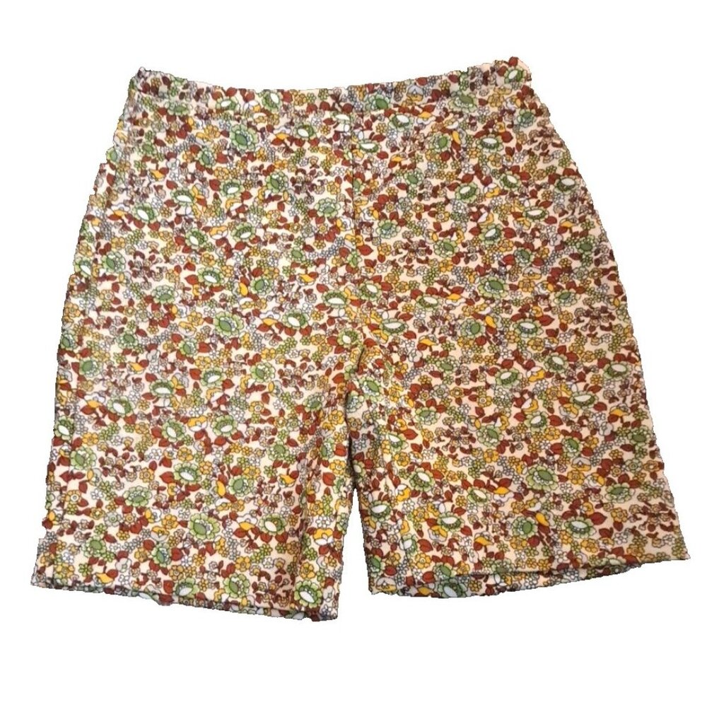Vintage Womens Shorts Miss K Polyester Knit Floral Green Brown 1970s 12 READ